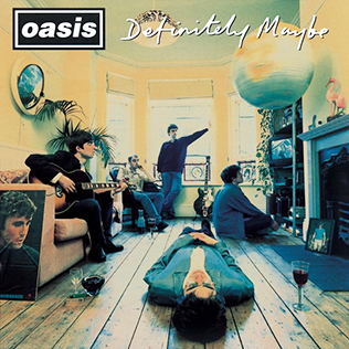 Oasis band members on the Definitely Maybe album cover, symbolizing 90s Britpop rebellion.